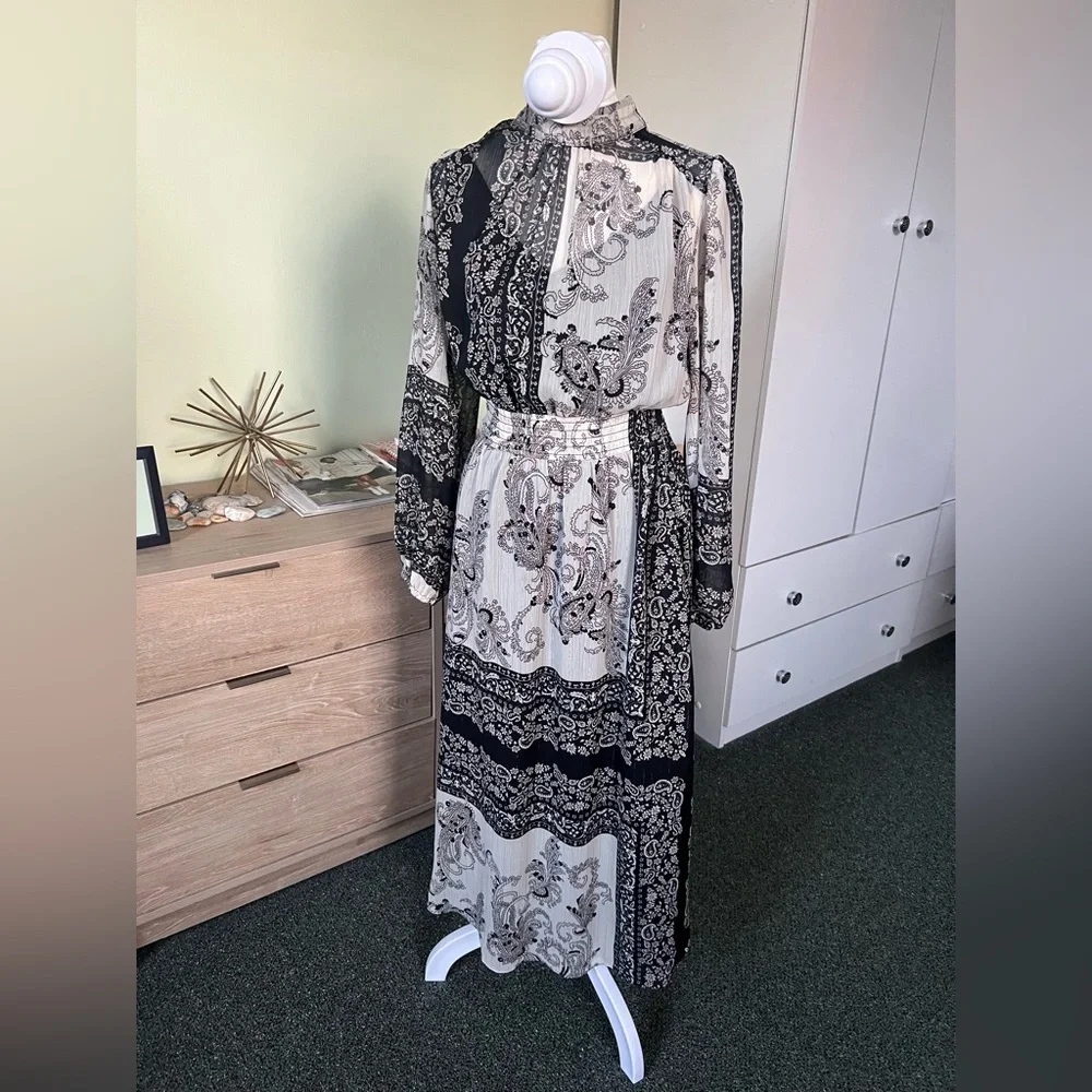 MANGO Blondie Printed Paisley Gold Thread Puff Sleeve Modest Midi Dress Sz XS-S - Picture 11 of 16